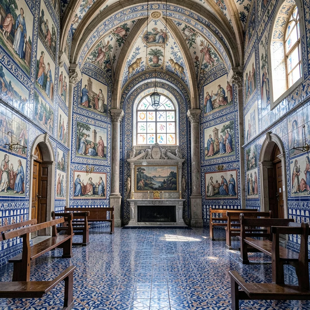 Azulejo tile geometry, Portuguese ceramic culture, A church interior with cerami