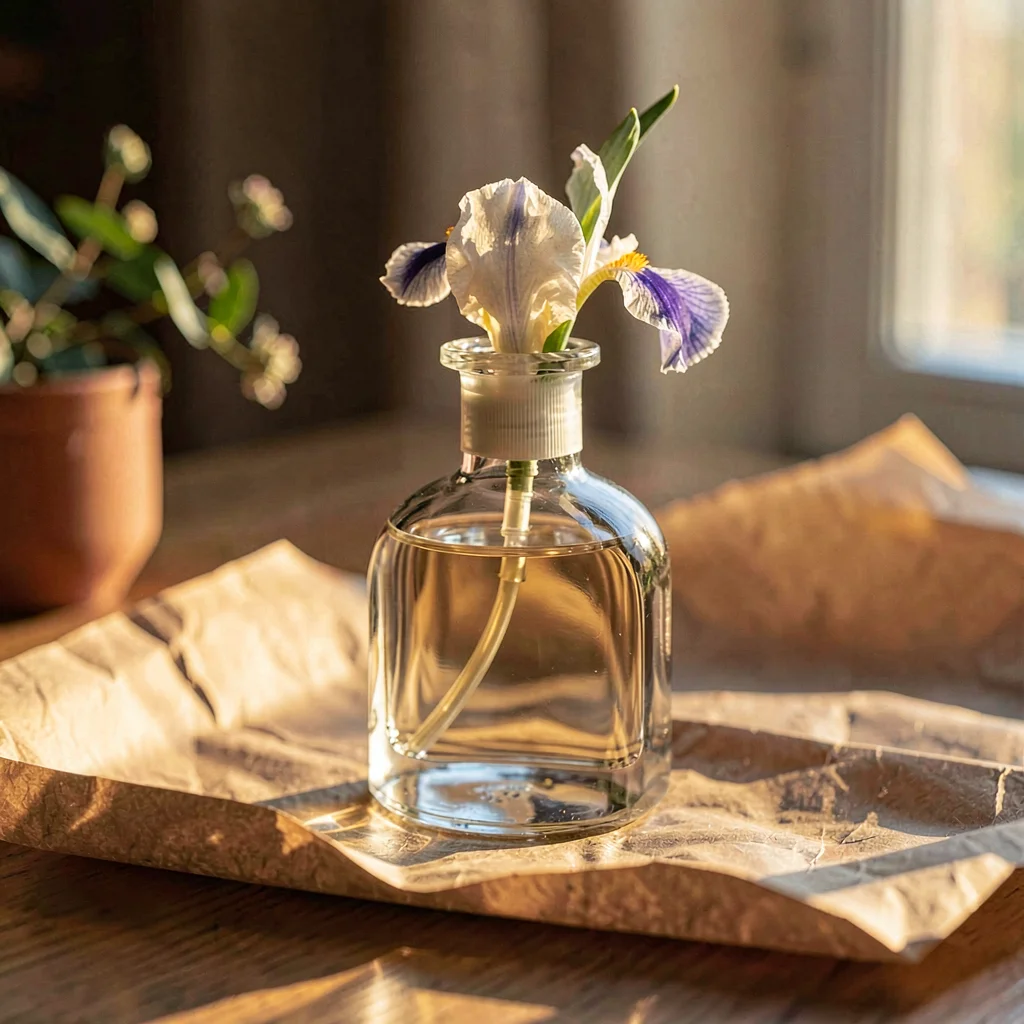 Cozy still life of a glass perfume bottle with iris-stem stopper on warm parchme
