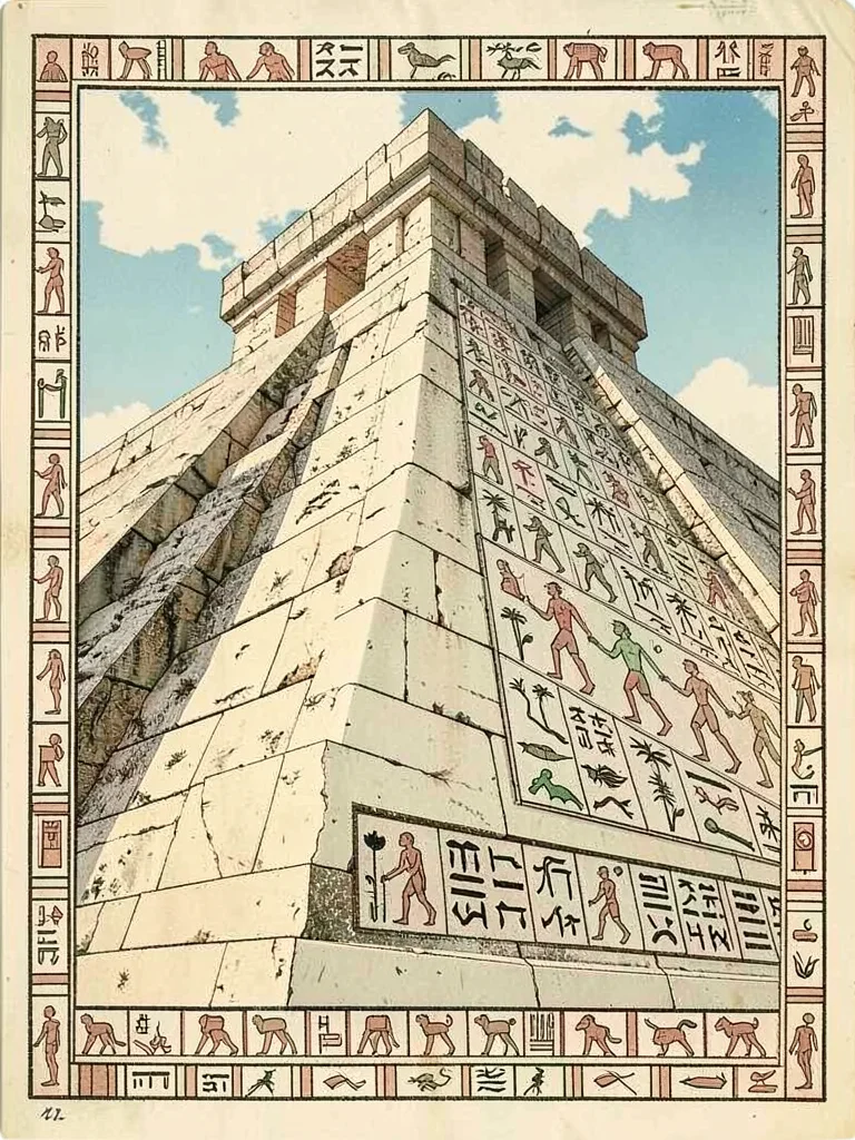 Stone staircase of ancient pyramid, steep angle from base looking up to sky