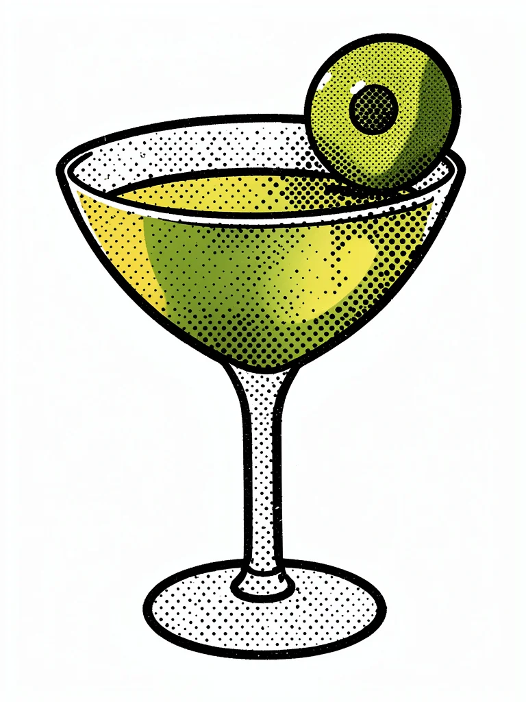 Cocktail glass with an olive, flat yellow-green liquid, oversized halftone bubbl