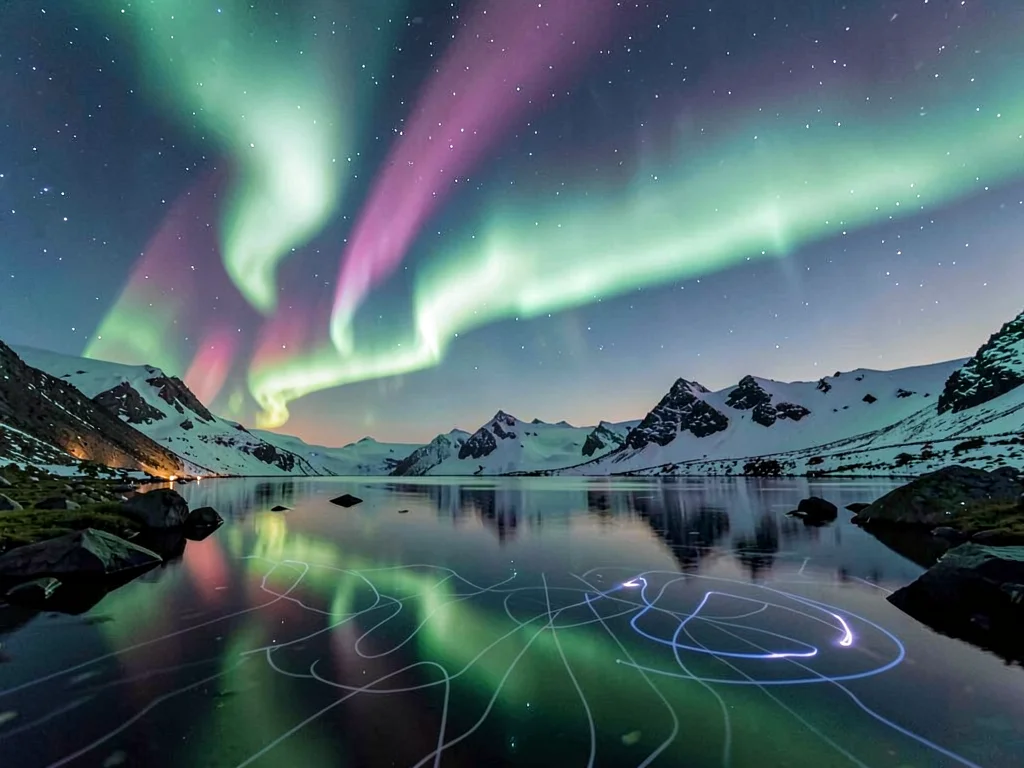 Aurora reflecting in still lake doubling the display