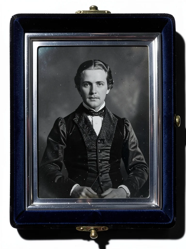 Daguerreotype-style portrait of person in Victorian costume, dark tones, hauntin