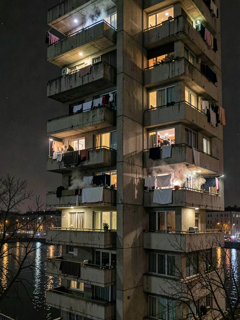 Brutalist balconies at night
