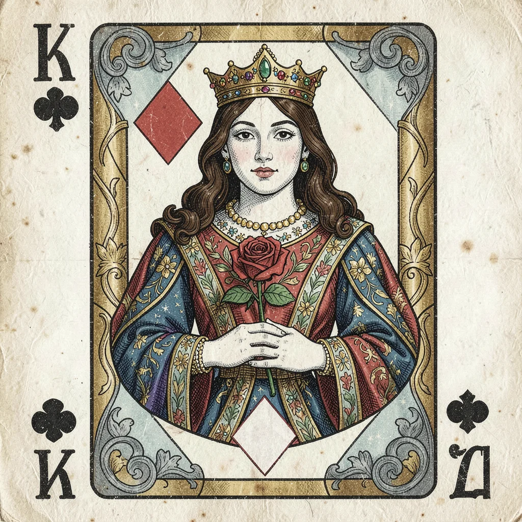 Playing card face illustration, Queen of Diamonds holding single rose , court ca