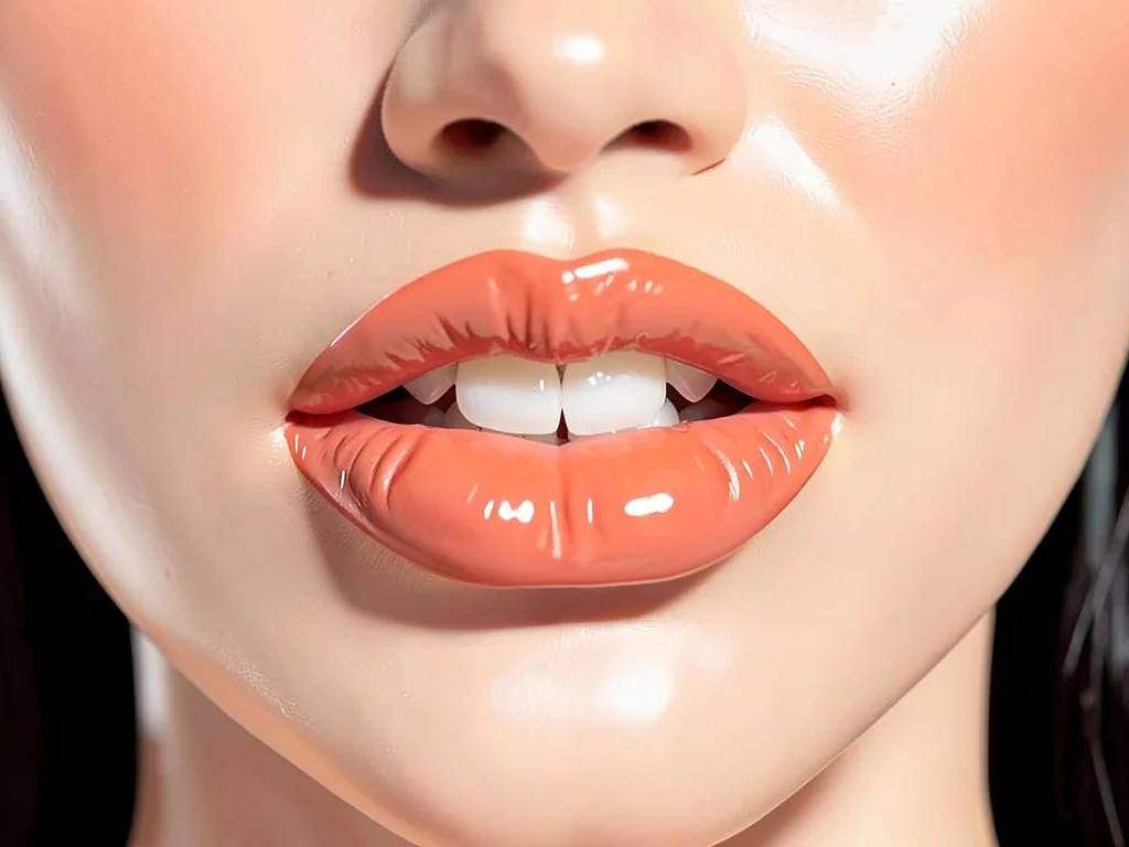 Coral lips parted teeth gleam