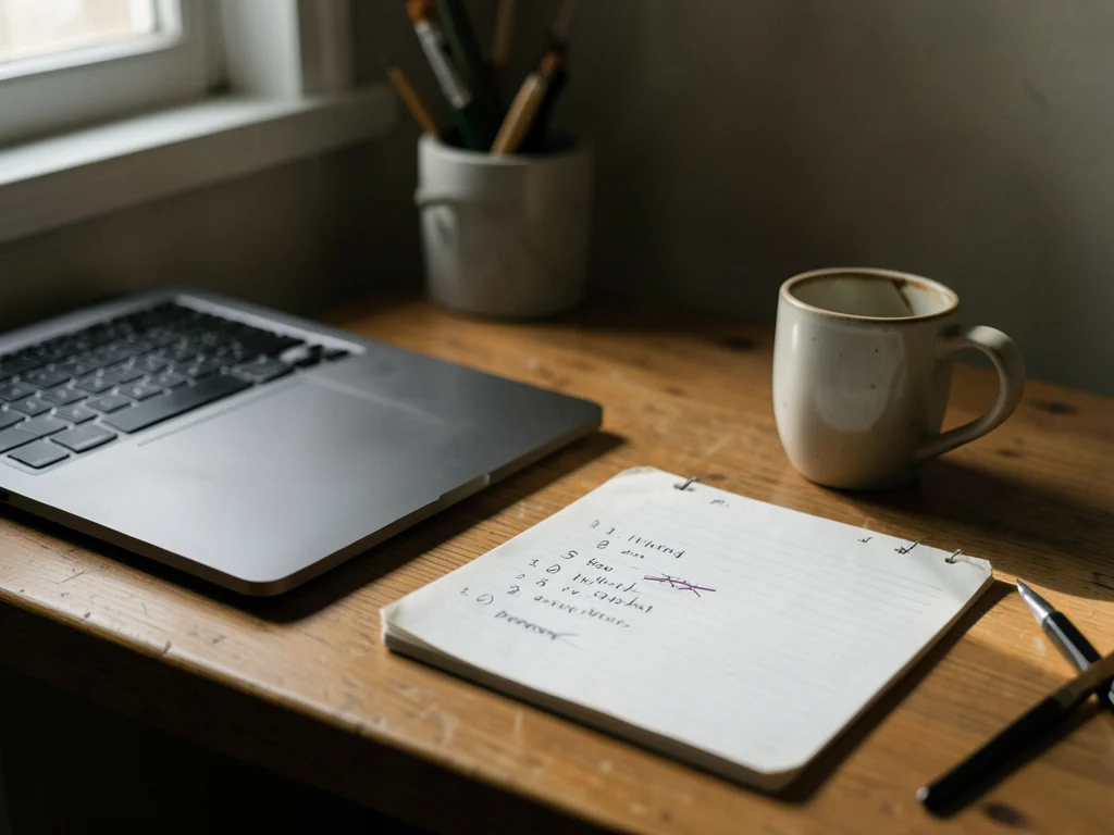 A desk at end of day: a closed laptop, a empty mug with coffee ring, a to-do lis