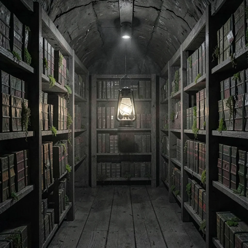 Charcoal interior of a cellar archive overflowing with moss-bound ledgers, singl