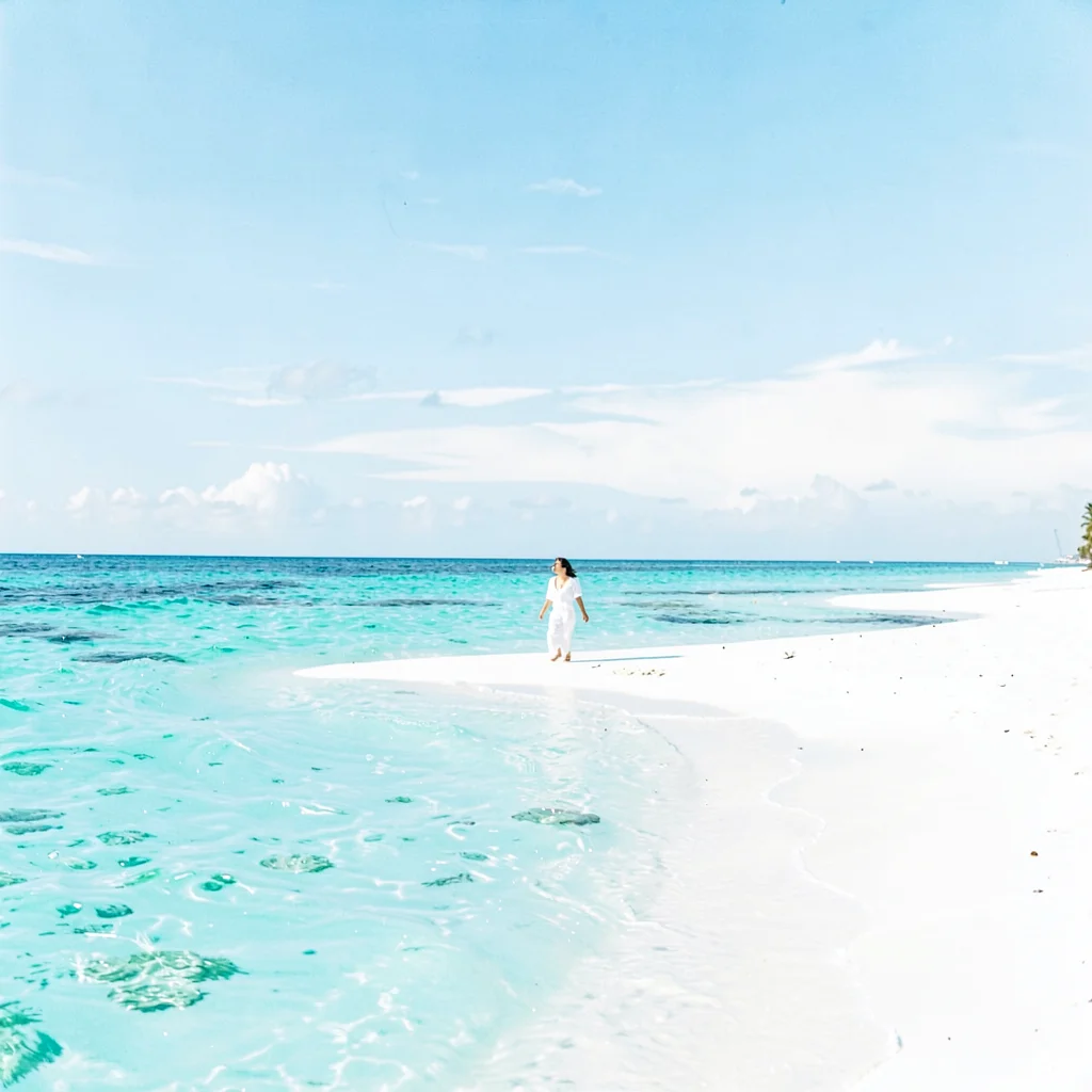 Expansive turquoise negative space, bleached whites, A woman in white linen walk