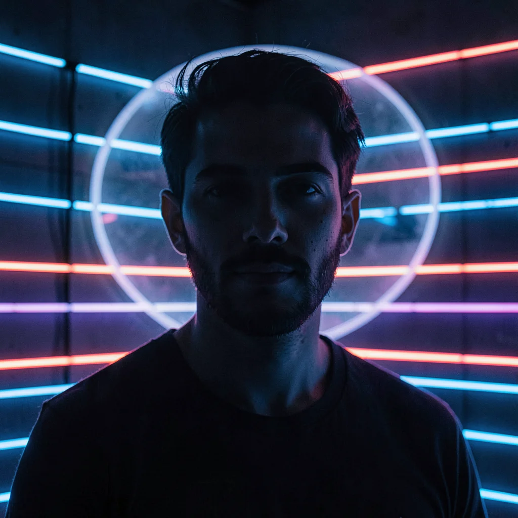 Vertical 3 a.m. portrait of a streamer silhouette against an LED-strip wall, neo