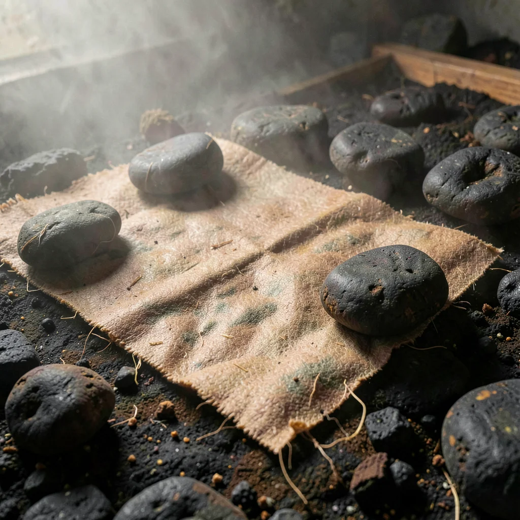 Dense atmospheric mist, rich earthy textures, Bark cloth laid out to dry, the pa