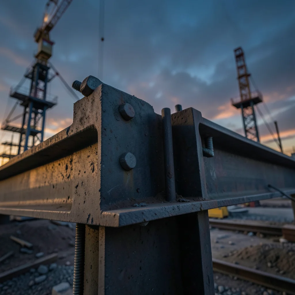 Detail of a bolted steel connection: the massive bolts and plates joining two I-
