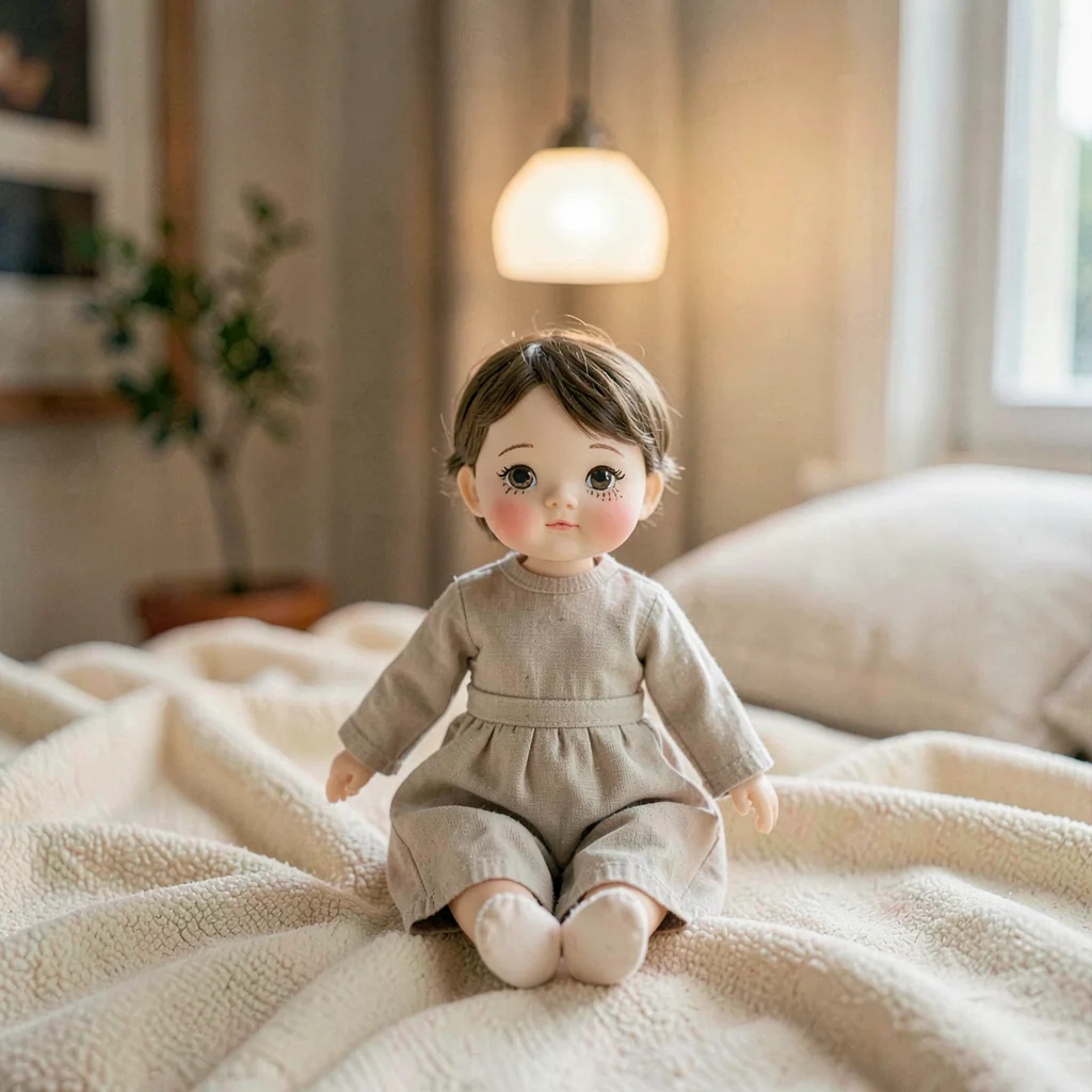 Single porcelain-faced cloth doll with embroidered eyes on a cream coverlet, sof