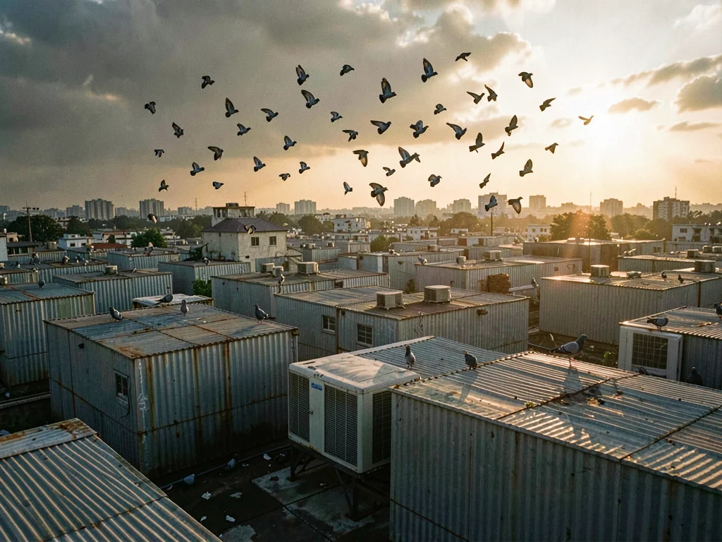 Pigeon-flutter scatters above a dense rooftop AC field as low golden light rakes