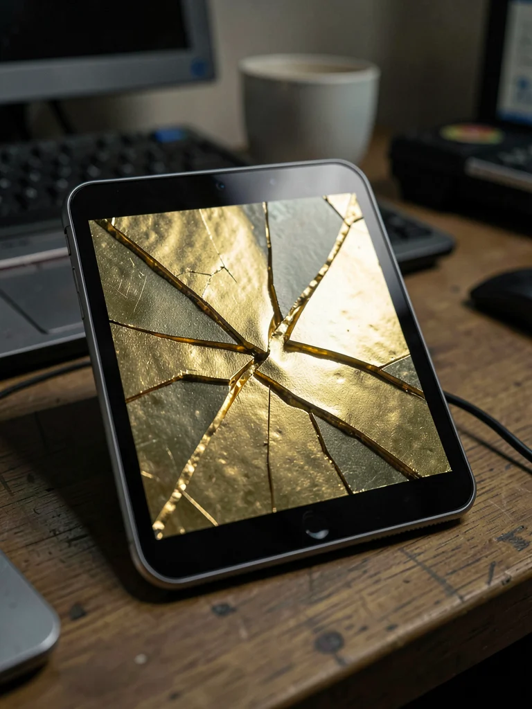 Broken tablet with gold-repaired screen, diagonal crack pattern resembling a riv