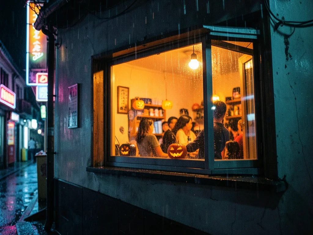 Window of house from outside, halloween party visible inside, warm orange light