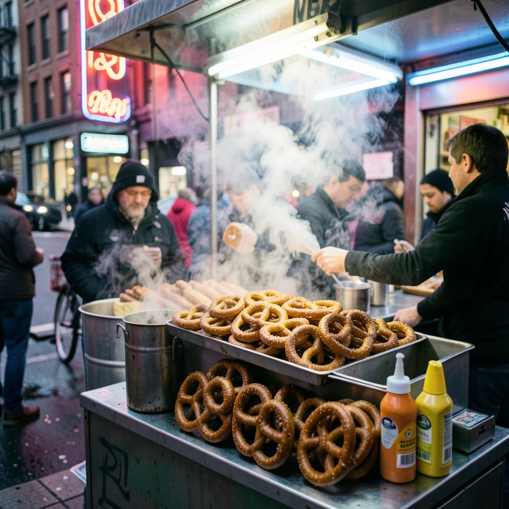 A pretzel vendor in New York, the cart stacked with golden twisted pretzels, ste