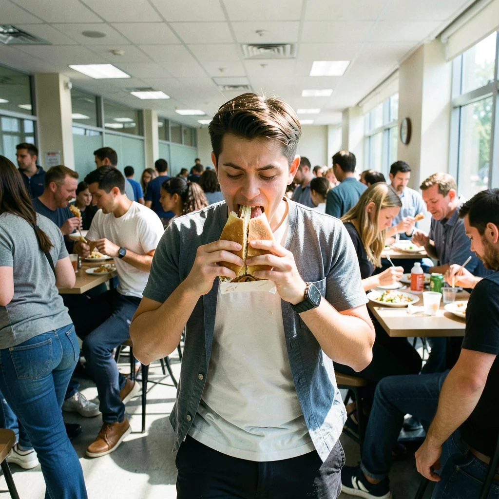 Person walking while eating a wrapped sandwich at noon