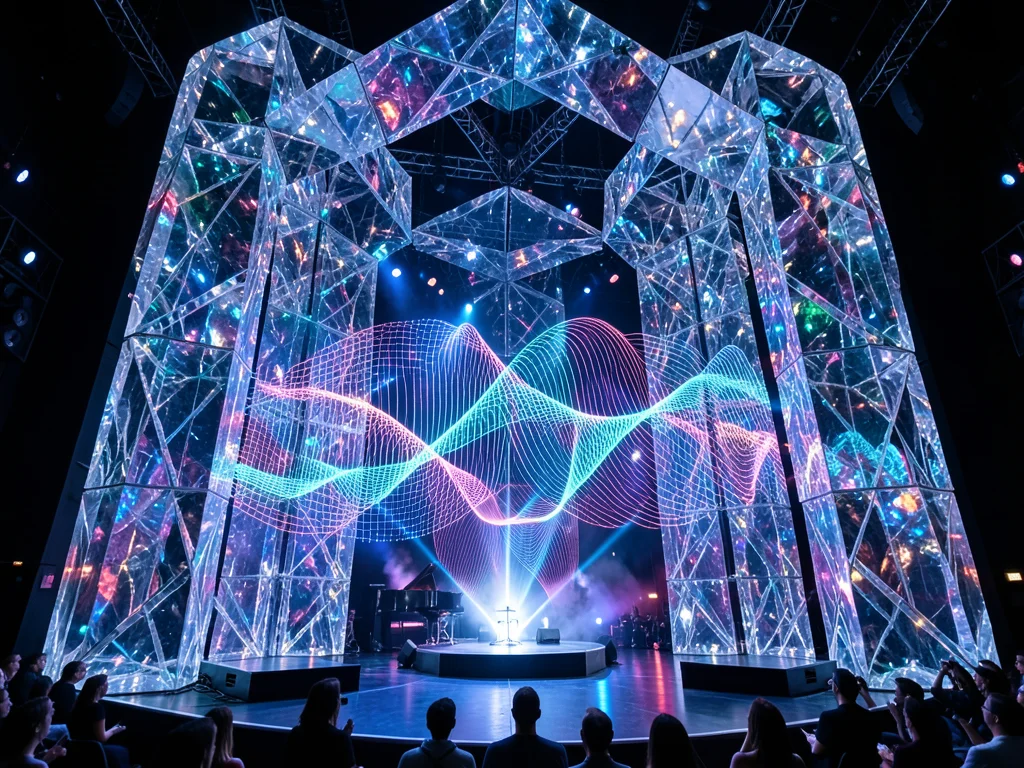 Concert hall made of crystal that resonates with music, visible sound waves in s