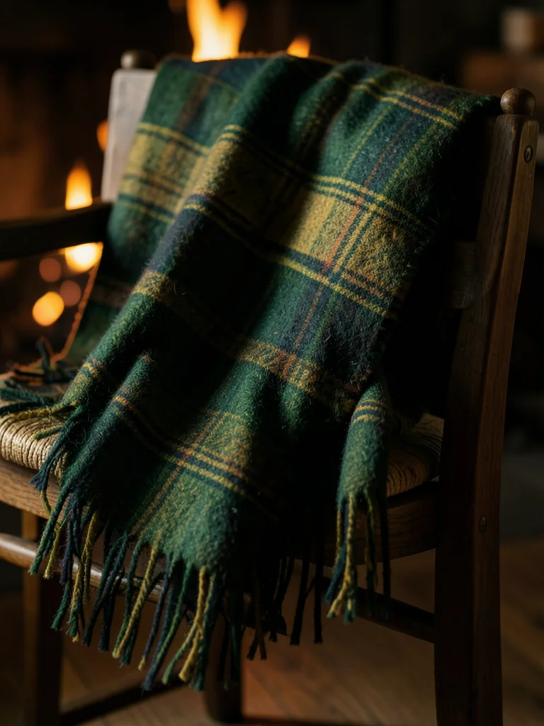 Tartan wool blanket draped over a wooden chair, deep greens and golds, fringe de