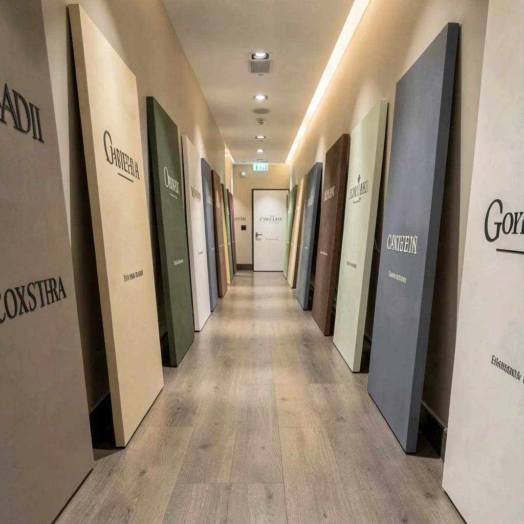 Vertical hallway lined with leaning brand panels, each a different muted tonal b