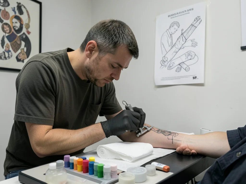 A tattoo artist working on a forearm piece, hunched over their client's arm with