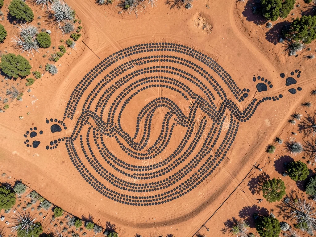 Emu footprints in a zigzag crossing a clay pan, aerial view
