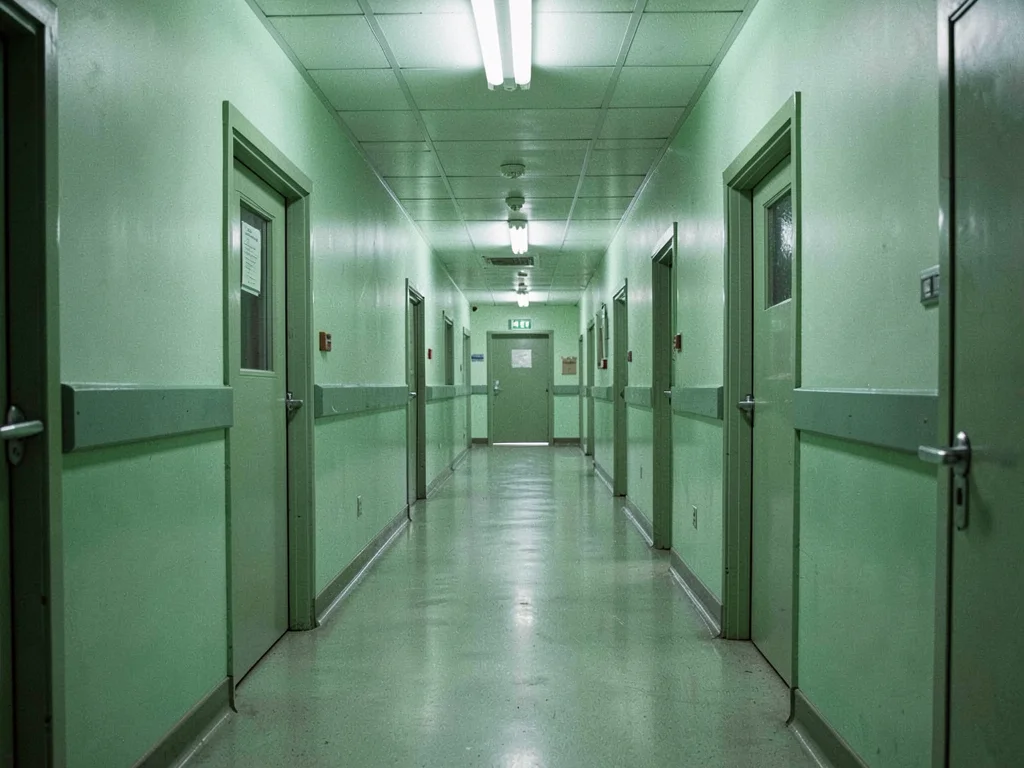 Psychiatric ward corridor, mint green walls, soothing by design, unsettling by e