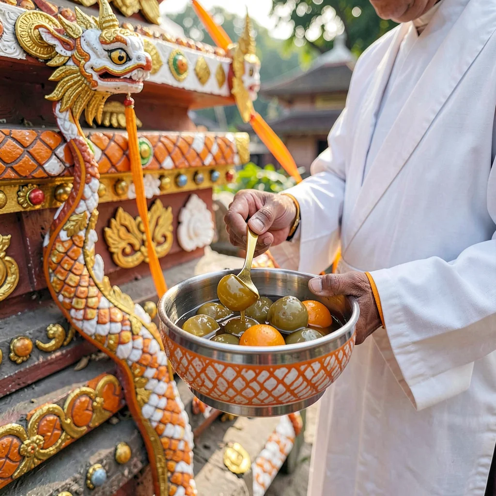 Lanna temple detail, Chiang Mai sacred ornament, morning alms food being placed 
