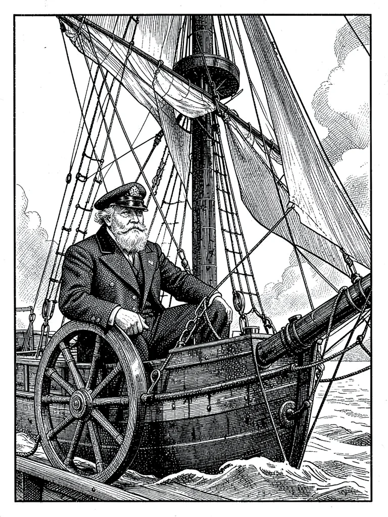 Victorian sea captain at ship wheel