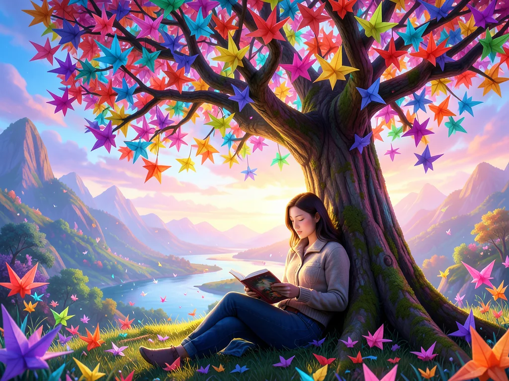 Person reading a book under a tree whose leaves are made of folded paper cranes