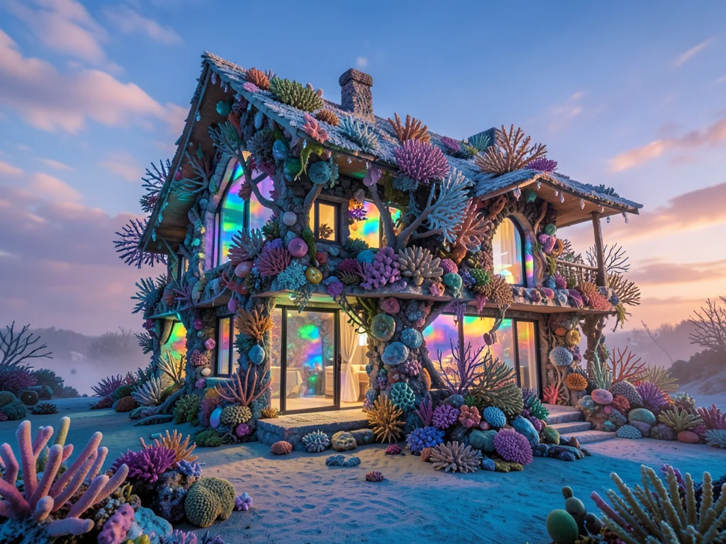 House grown from living coral, underwater-inspired but on land, iridescent walls