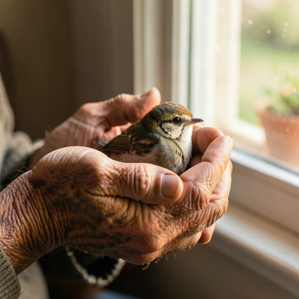Wrinkled hands cupping a small bird that's flown into a window, the gentleness o