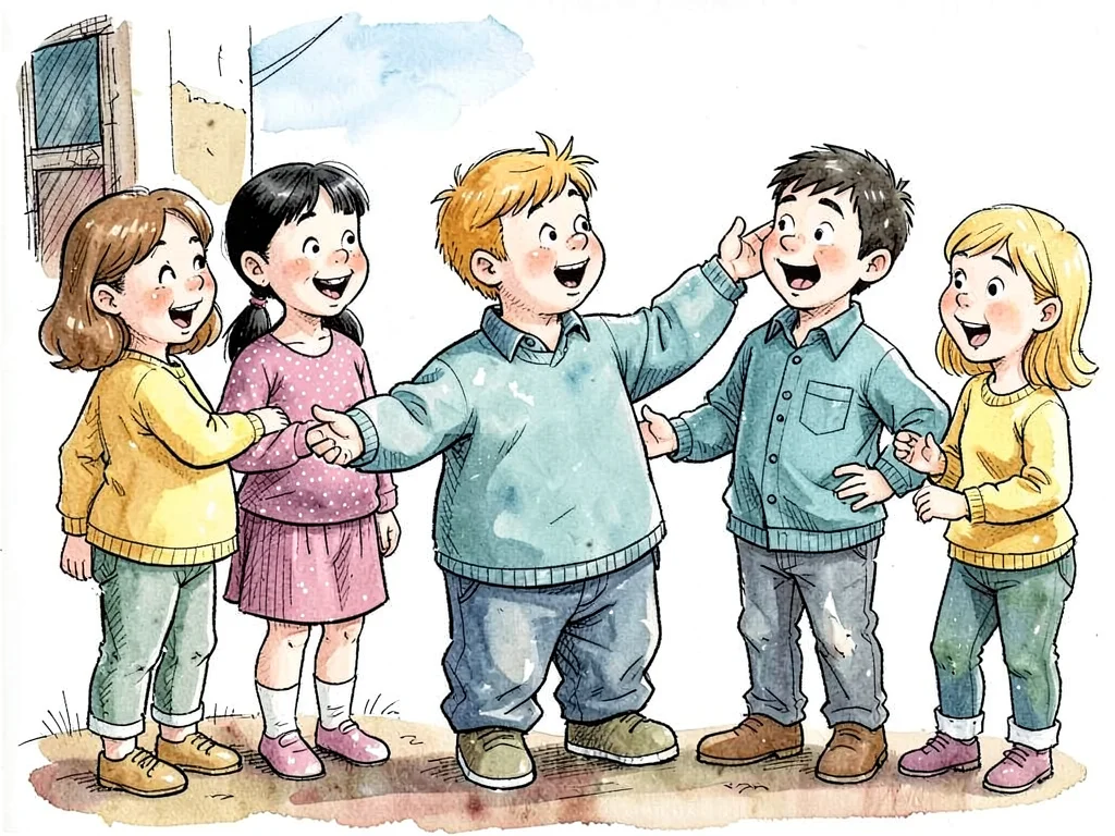 Boy proudly presenting to friends