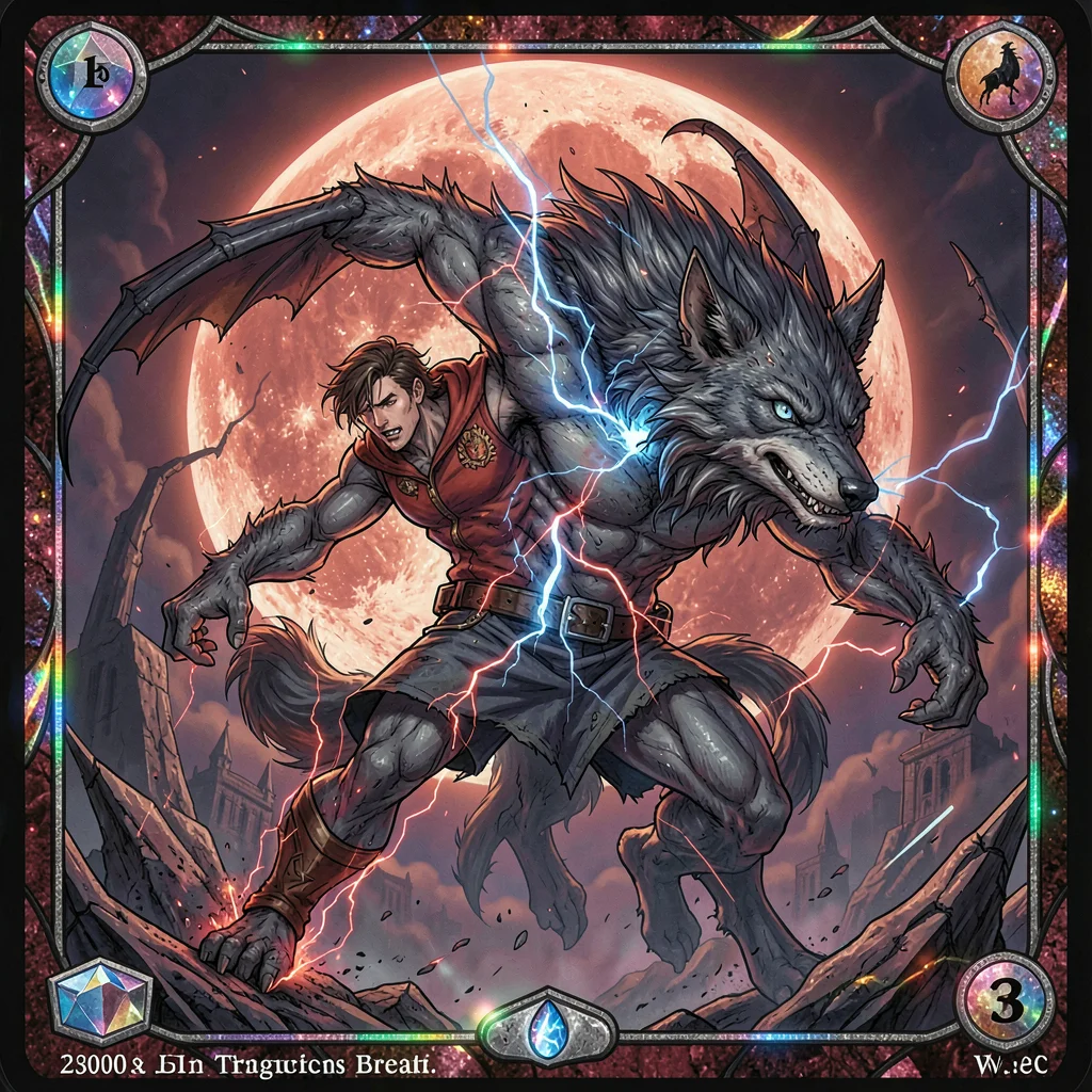 Trading card game illustration, a werewolf mid-transformation under a blood moon