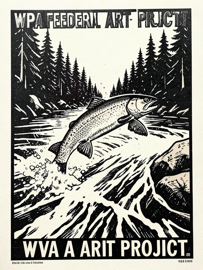 A salmon leaping upstream over white rapids, spray frozen in mid-air, pine fores