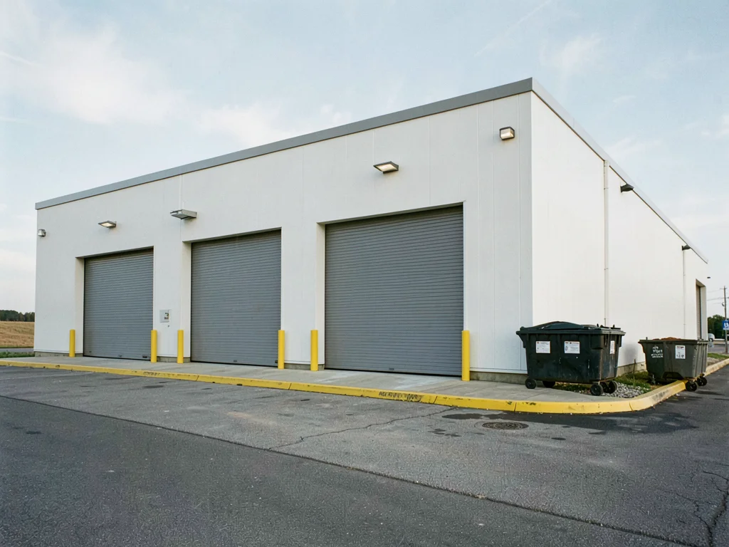 Big-box retail loading dock — roll-up doors, painted curbs, dumpsters, flat roof