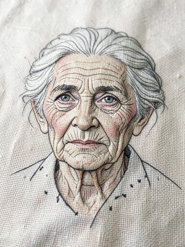 An elderly woman's weathered face in detailed crewelwork, every wrinkle a carefu