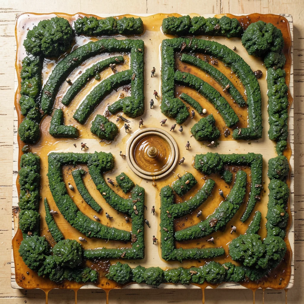 A bird's-eye view of a garden maze with a fountain at the center, rendered in en
