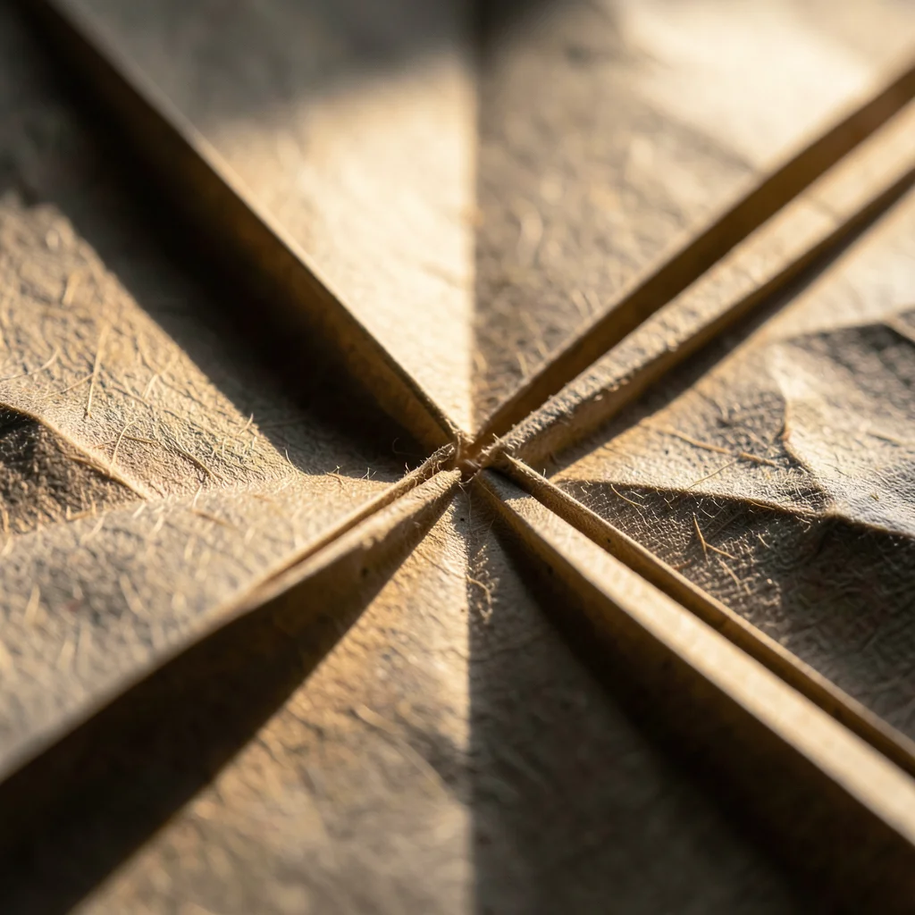 Valley fold intersection on Japanese washi paper, long kozo fibers spanning the 