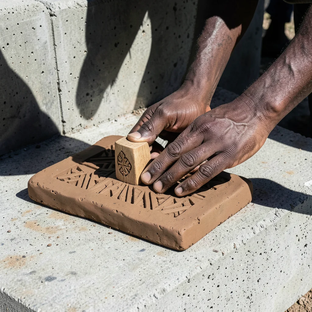 Fingers pressing decorative texture into soft clay slab using carved wooden stam