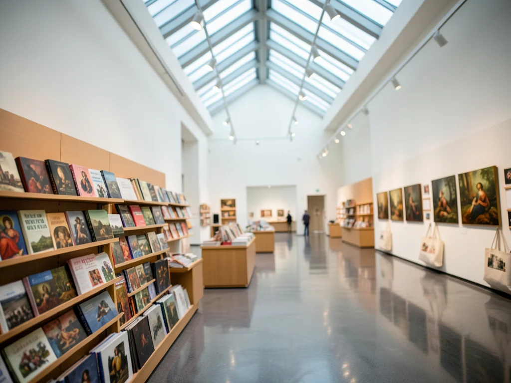 A museum shop: art books, postcards, tote bags with famous paintings, a bright m