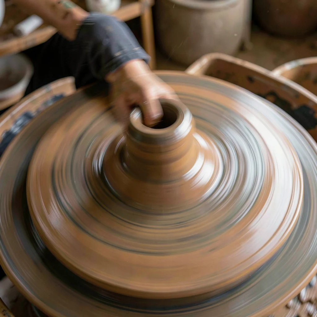 Spinning pottery wheel with clay becoming radial blur of brown earth tones
