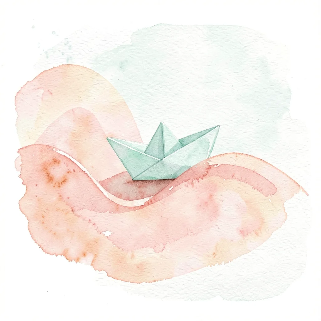 small folded paper boat in pale mint floating on a soft-coral wave shape, gentle