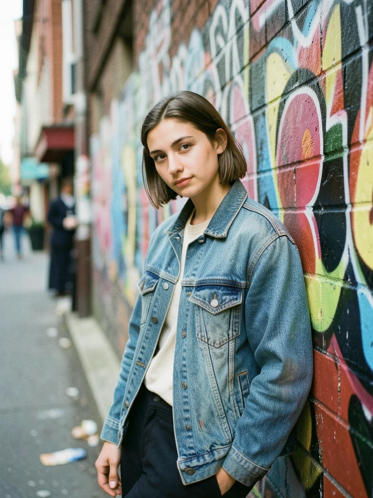 Young person in vintage denim jacket leaning against a graffiti wall, relaxed co