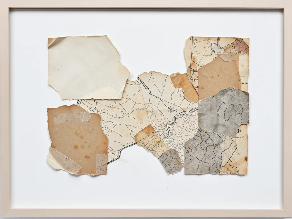 Vintage map fragments torn and reassembled on white, coastlines and contour line