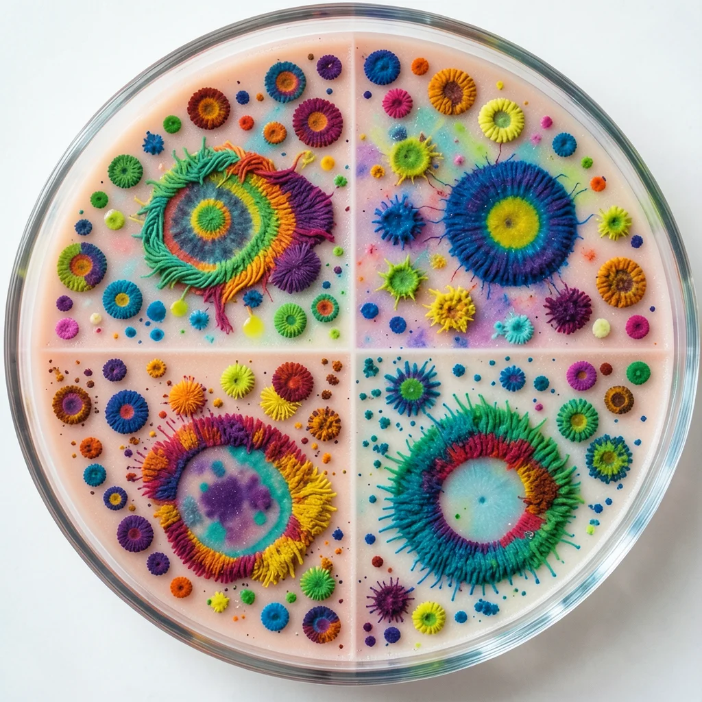 Streaked agar plate with four-quadrant dilution technique, dense growth thinning