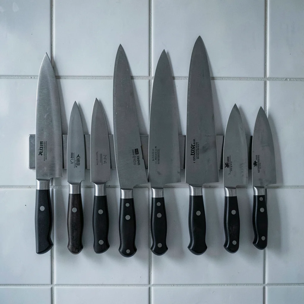 Precise geometric composition, industrial clarity, Kitchen knives of varying siz