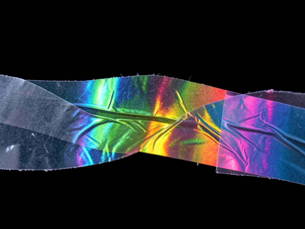 A strip of clear packing tape stuck to glass under cross-polarized light, the ta