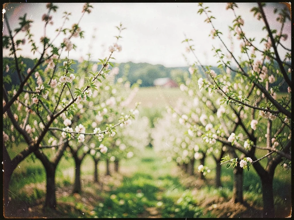 Vintage lens rendering of orchard