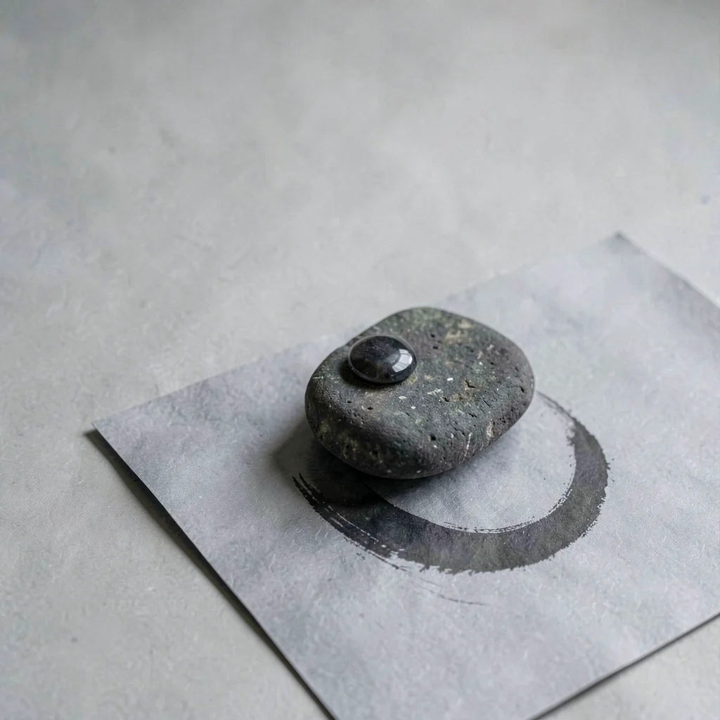 One worn ink stone resting on cool-grey paper, surface bearing a polished cresce